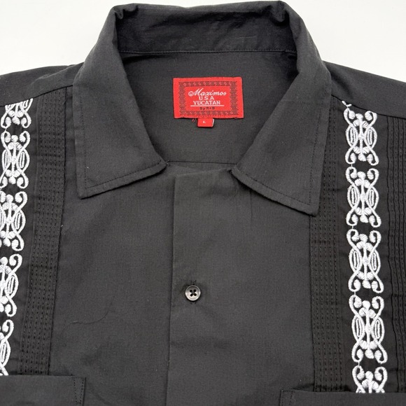 Maximos USA Yucatan Men's Short Sleeve Black Large Guayabera 4 Pocket Button Up - Picture 1 of 6
